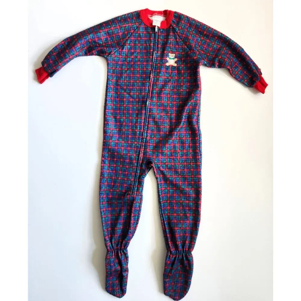 🧸 Vintage Carter’s 90s Fleece Pajamas – 4T Plaid Footed Sleepwear w/ Teddy Bear